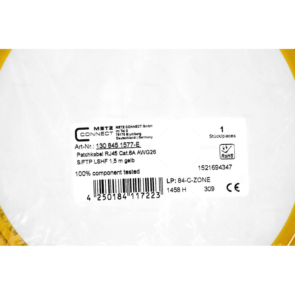 4250184117223  METZ CONNECT PATCHCORD RJ45 CAT.6A AWG26 1.5M YELLOW